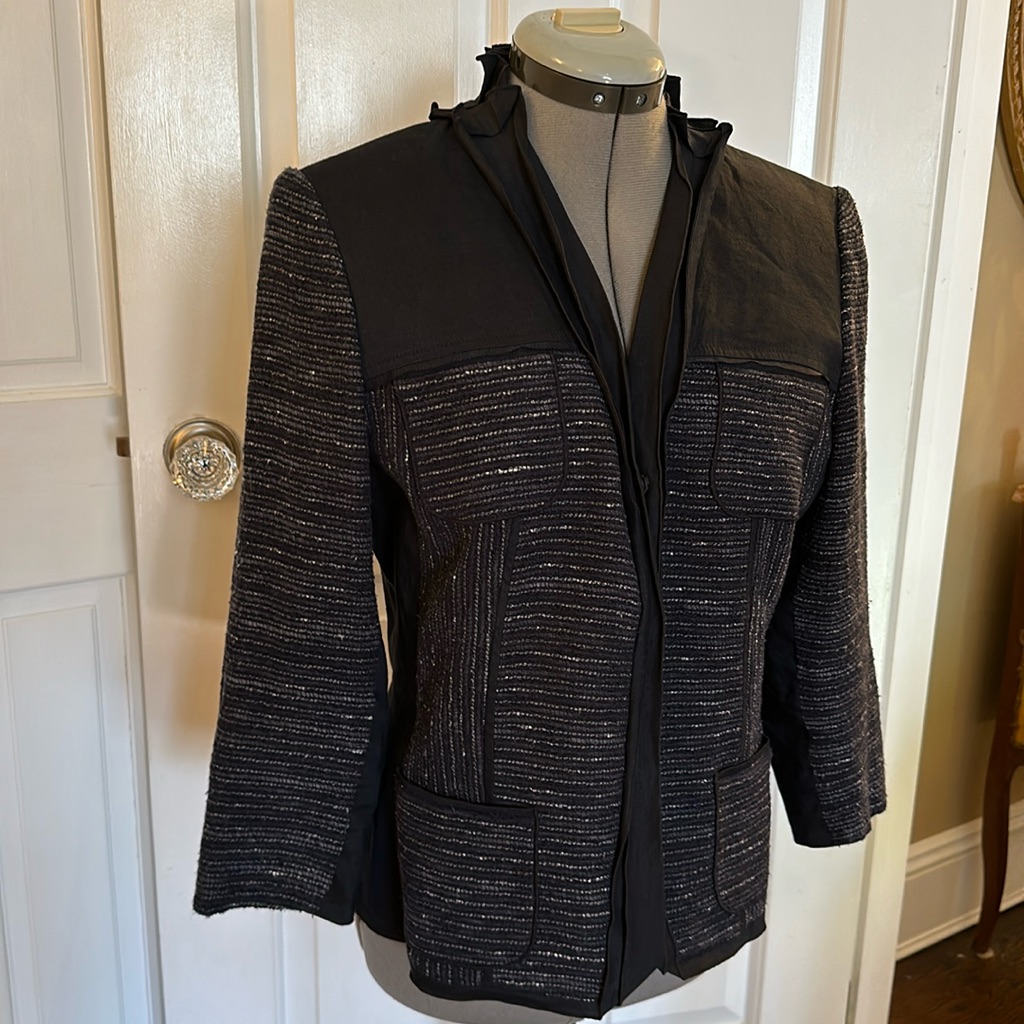 Elie Tahari Silk And Cotton Blend Navy Tweed Blazer Size 10